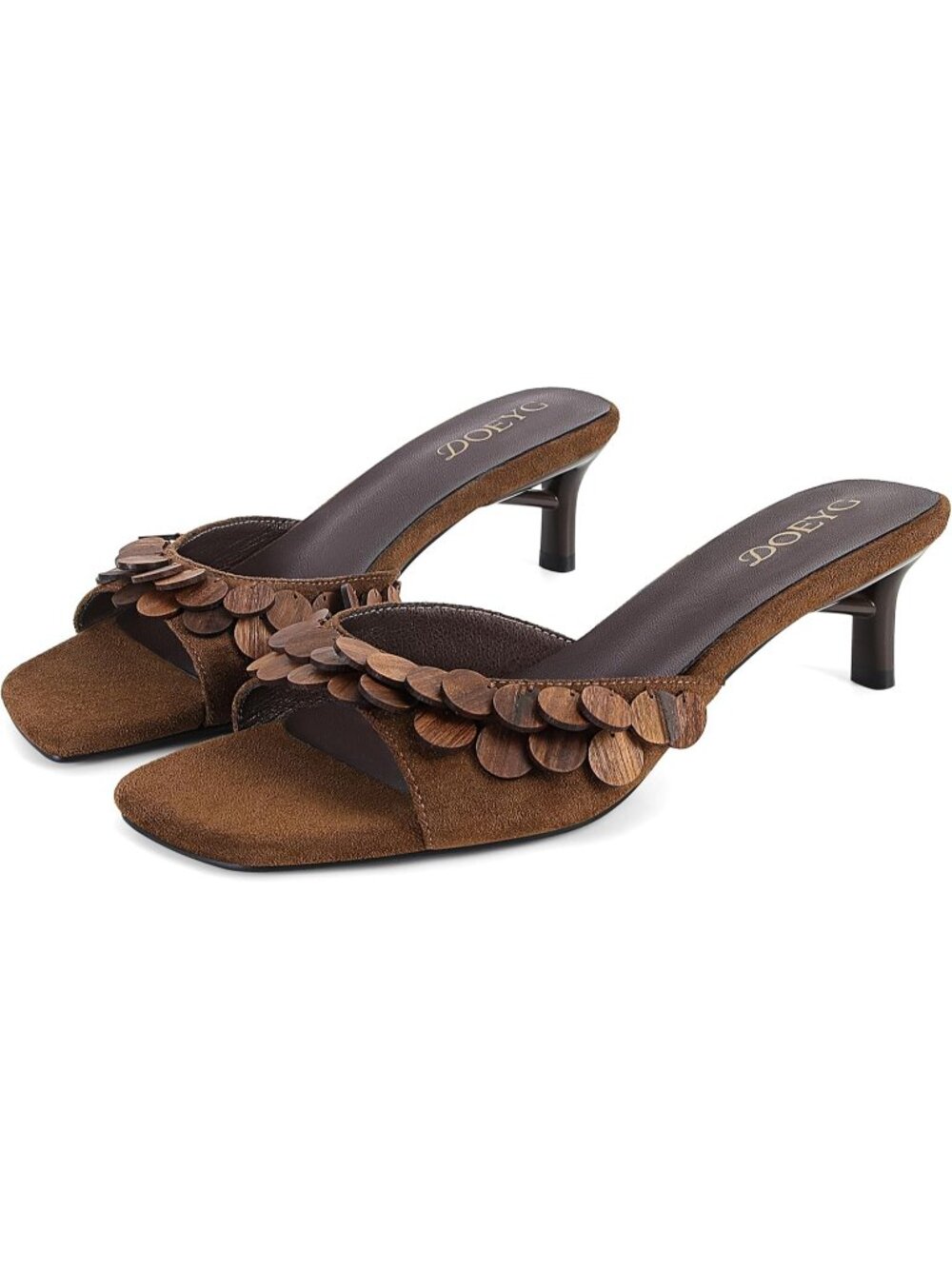 Women's Brown Suede Kitten Heels Sandals Square Open Toe Slip on Mule Heels
